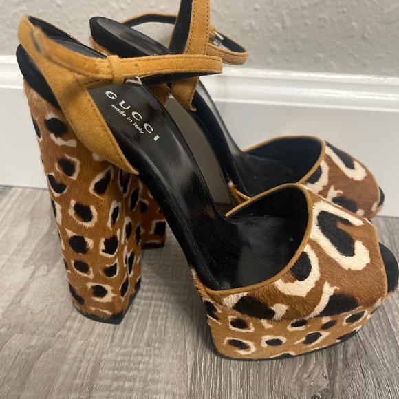 Gucci GUCCI PONY HAIR LEOPARD PLATFORM SANDALS CHUNKY 36